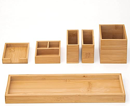 ROCDEER Bamboo Vanity Tray Set, Adjustable 6-Piece Bathroom Organiser for Countertop, Home Office Desk Organiser, Cosmetic Tray - Holds Small Items