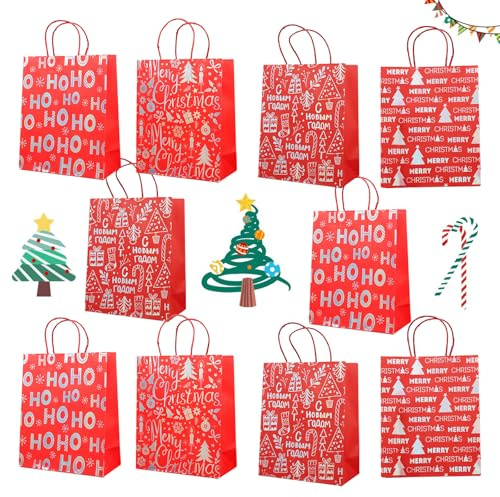 10 Stück Papiertragetaschen Weihnachtstüten Geschenktüten, Papiertüten aus Kraftpapier, Weihnachten Elch weiß auf rot, für Weihnachten Partys, Hochzeiten, Feiern und Süßigkeiten