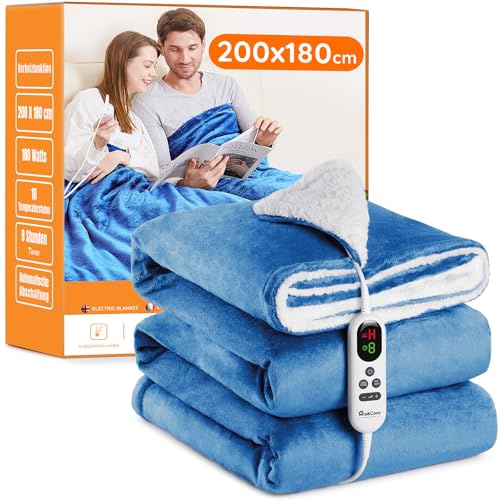 Mia&Coco Coperta Elettrica Termica Riscaldata, Lavabile in Lavatrice, con Telecomando Digitale, Flanella Sherpa 180x200 cm, 10 livelli e 1~9 ore di spegnimento automatico, lavabile in lavatrice, Blu
