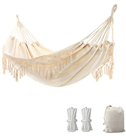 Hängematte Outdoor Boho Hängematte 2 Personen, Tragfähigkeit bis zu 204kg, tragbar mit Tragetasche für Patio Garten Hof Indoor - Beige