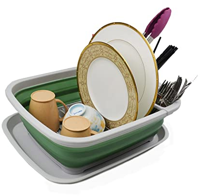 SAMMART 8L Zusammenklappbarer Plastik Geschirrabtropfer mit Abtropfbrett – Faltbares Wäscheständer-Set – Tragbarer Geschirr-Organizer – Platzsparende Küchenablage (Grau/Dunkles Meergrün, 1)