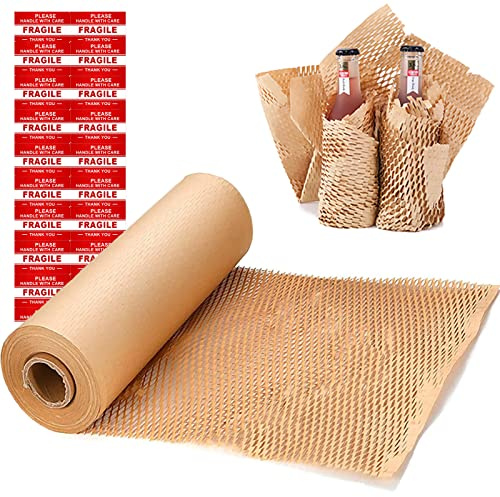 onesimcr Honeycomb Packing Paper Wrap 15x131' Sustainable Alternative to Bubble Wrap for Moving/shipping/packing Roll with 20 Fragile Sticker Biodegradable & Fully Recylable…