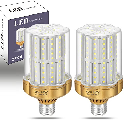 MAILIHAO 2er-Pack 30W Superhelle E27 LED Maiskolben (250W Entspricht Glühbirnen) Kaltweiß 6000K 3500LM Mais Lampen LED Leuchtmittel für Fabriklager Garage Hof, Nicht Dimmbar