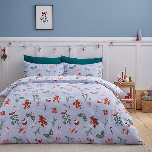 Catherine Lansfield Christmas Gingerbread Soft Microfibre Reversible Double Duvet Cover Set with Pillowcases Blue