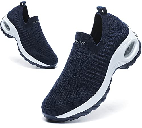 Womens Trainers Shoes Slip On Work Shoes Lightweight Walking Shoes Gym Sneakers Wide Fit Comfort Shoes Deep Blue UK 6