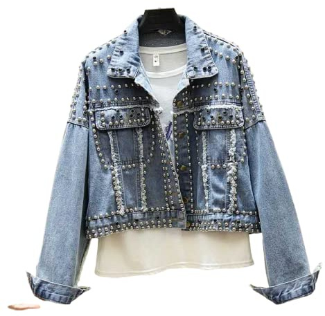 Tops De Mujer,Blusas De Mezclilla Con Tachuelas Y Remaches A Mano Vintage Para Mujer Camisa Corta De Manga Larga Con Botones Informales Chaqueta Con Solapa Azul Busto Acolchado Blusas Con Bolsillo T