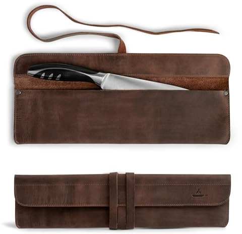 Leather Chef Knife Sheath, Single Case for Chef's Knives, Kitchen Small Storage Bag, Roll Bags for Travel, Professional Chefs Carrying Wrap Holder, Butcher Rolls Carrier (Bourbon Brown)