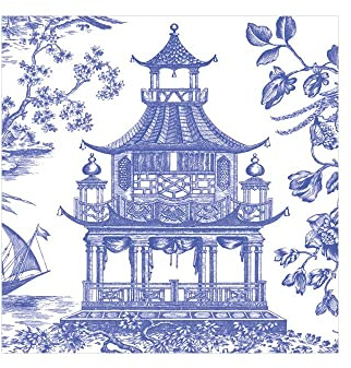 Caspari Chinoiserie Toile Pagoda Paper Cocktail Napkins in Blue - 20 Per Box