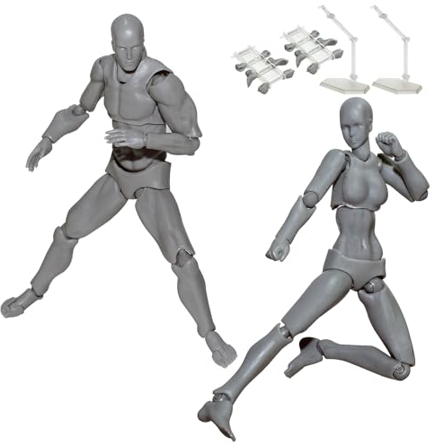 AXITWXIT Body Kun Puppe, Künstlerpuppe, Blockkopf, Gelenkzeichnung, Mannequin für Künstler, Zeichnen, Modellfiguren für männliche und weibliche Figur, Set (grau)