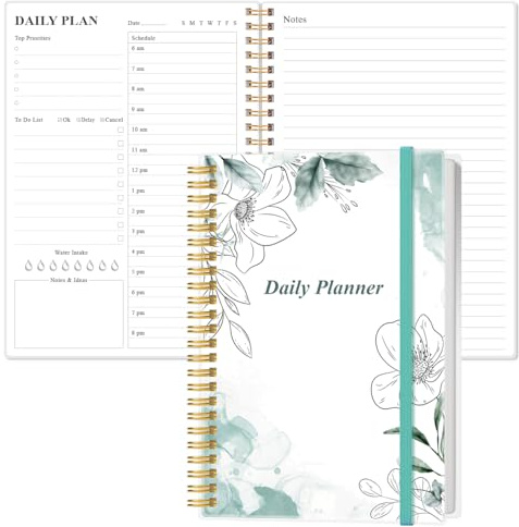 Tagesplaner undatiert – A5 To Do Liste, Notizbuch, Stundenpläne, Spiral-Terminplaner für Damen und Herren, PVC-Hardcover, Innentasche, elastischer Verschluss, 14,7 x 21,1 cm, Blaugrüne Blumen