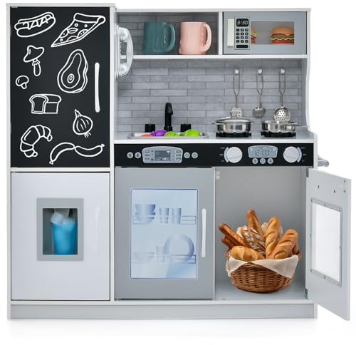 Costzon Kids Kitchen Playset, Wooden Pretend Cooking Toy Set w/Realistic Sound, Large Blackboard, Telephone, Microwave, Ice Maker, Dishwasher, Oven, Storage Space, Play Kitchen for Kids Ages 3+ (Grey)