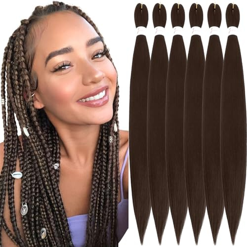 Xusuperb 30 Pouces Long Extensions de Cheveux Tressés Pré-étirés Brun Chocolat Foncé Couleur #4 EZ Braids Meches Cheveux pour Tresses Africaine 6 Paquets Kanekalon Marron Foncé Yaki Nattes Cheveux(4#)