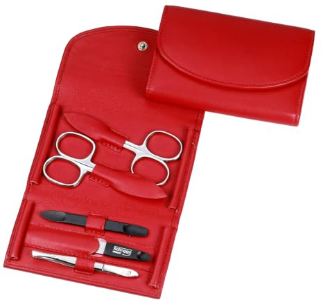 Hans Kniebes Maniküre Set 5-teilig Rot – Nagelpflege Set Edelstahl rostfrei – Nagelschere, Hautschere, Feile, Pinzette & Schieber – Echtes Nappa Leder Etui – Profi Manikürbesteck Damen & Herren