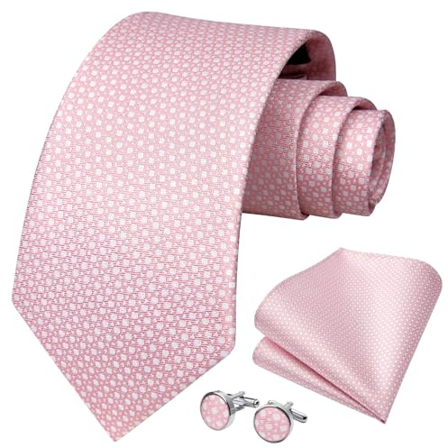 HISDERN Herren Hochzeit Rosa Hahnentritt Krawatten und Einstecktuch Solide Krawatte Manschettenknöpfe Set