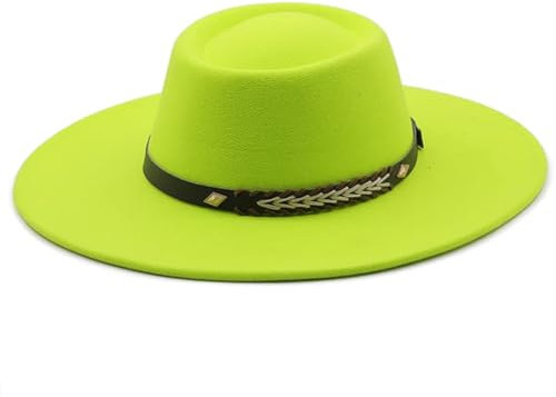 Fedora-Hut für Damen und Herren, breite Krempe, Filzhut, Panama, Kirche, Hochzeit, klassischer Bandhut, fluoreszierendes gelb, Einheitsgr��e
