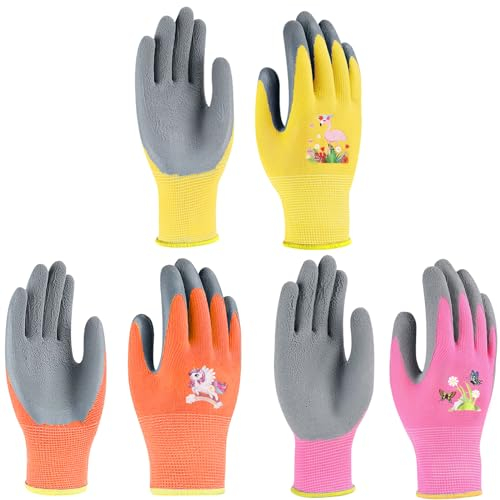 MONCAP 3 Paar Arbeitshandschuhe für Kinder Gartenhandschuhe Kinder Schutzhandschuhe Handschuhe mit Handflächenbeschichtung für Mädchen im Alter von 3–8 Jahren Hausarbeit Gartenarbeit