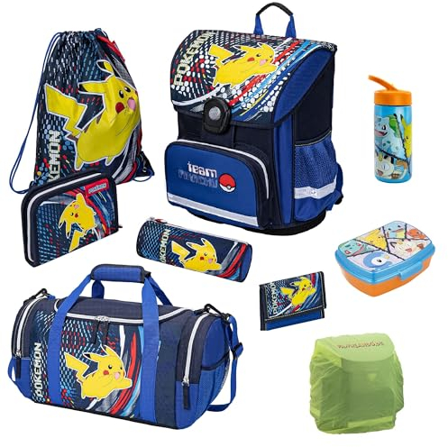 Pokémon Schulranzen Set mit Dose, Flasche und Sporttasche für die 1. Klasse - Ergonomisch, Kompakt, 990 Gr. Leicht, 17L Volumen, wasserdichter Boden - Schultasche mit Pikachu Motiv · Einschulungs-Set