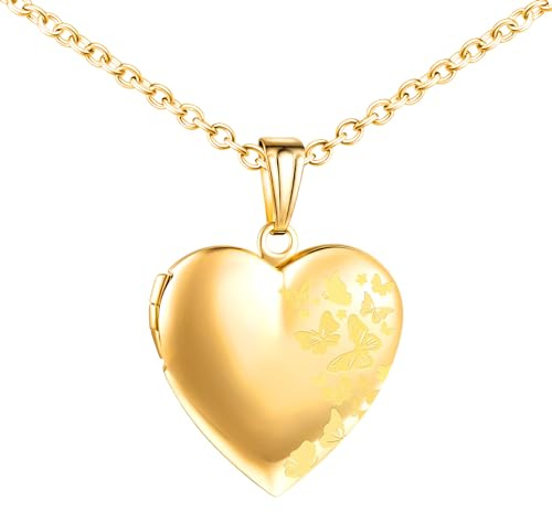 MICMIF Collier Papillons Personnalisé Médaillon de Cœur, Acier inoxydable Pendentif Porte Photo Médaillon pour 2 Photo Pendentif avec Chaîne 50cm Bijoux pour Femme Filles