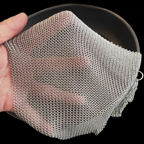 Nettoyeur Fonte et Grattoir Durable - 15x15 cm Brosse à Mailles Fines 3,8 mm Upgraded, Acier INOX 316L Premium Anneaux Fins - pour Poêle, Wok, Casserole, Plancha, Grill (14''x14'')