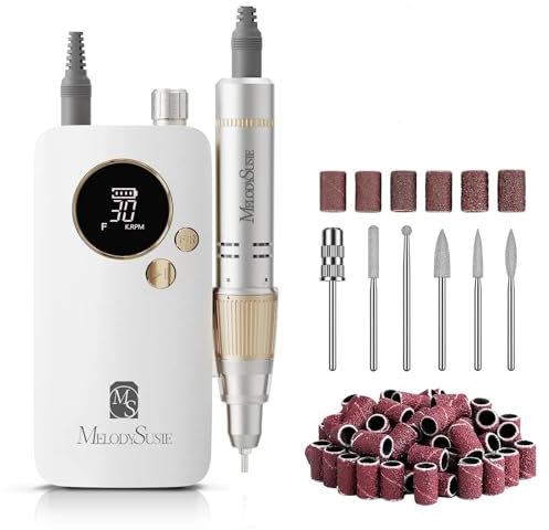 MelodySusie Ponceuse pour Ongles Professionnelle 30 000 tr/min, SC320F Lime à Ongles Électrique Rechargeable sans Fil pour Manucure Pédicure Puissante, Avec 6 Embouts pour Salon/Maison, Blanc&Or