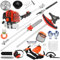 Profi Benzin Motorsense, 5in1 Multitool für Garten – Rasentrimmer, Heckenschere, Hochentaster, Kettensäge, Schwert/Kette, schwenkbar, mit Schnellwechsler und Gurt, 62cc 2-Takt Freischneider Rot