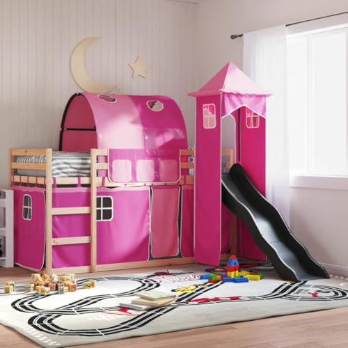 LXYZWRW Beds & Accessories Bunk Bed with Slide and Curtains Pink 80x200 cm Beds & Bed Frames