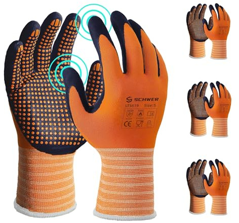 Schwer LT5619 - 3 pares de guantes de trabajo con revestimiento de nitrilo de microespuma, ANSI A1, resistentes a los cortes con agarre, palma de micropuntos, capacidad para pantalla táctil, para