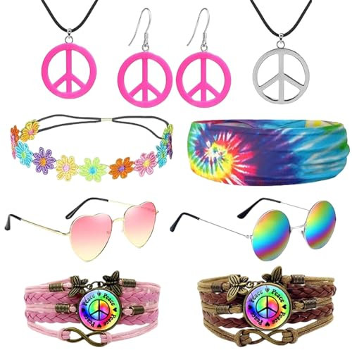 Hippie Accessoires, Karneval Kostüm, 10 Stück 80er 90er Jahre Accessoires Hippie Brille Peace Halskette Anhänger Batik Stirnband Hippie Armbänder Paar Hippie Set, für Fasching Karneval Damen Herren