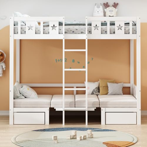 Kebnor 200 * 90cm Etagenbett, Bett/Schreibtisch 2 in 1, selbst gepolstert, mit Zwei großen Schubladen, Bettgestell mit Leiter, Holzbett, Kinderbett (Weiß)