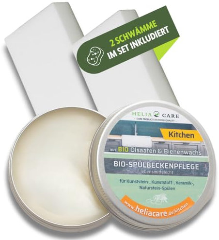 HeliaCARE BIO Spülbecken Pflege aus Deutschland - 100% natürliche Waschbecken Versiegelung - Universelle Kunststoff-, Edelstahl & Naturstein Imprägnierung mit Bienenwachs & Pflanzenöl (50ml)