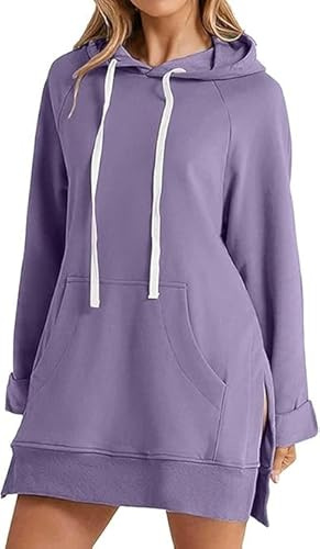 Qklovni The Warmy Oversized Hoodie, Pullover Long Sweatshirt Split Hem With Pockets, Casual Oversized Hoodie Dress For Women (UK, Alpha, M, Regular, Regular, purple)
