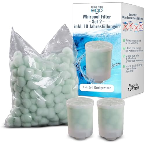 EGO3 Whirlpool Filter Set 2 1½ Zoll Grobgewinde + 10 Jahresfüllungen – ersetzt Kartuschenfilter & Whirlpool Filterkartuschen – 300gr Filterbälle – Filter Made in EU (2 Behälter + 300g Filterbälle)