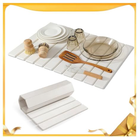 Large Stone Drying Mat for Kitchen Counter, 24×16 Inch Diatomaceous Earth Dish Drying Stone for Fast Absorbent, Collapsible Quick-Dry Draining Mat for Dishes Cookware Cups Any Countertop