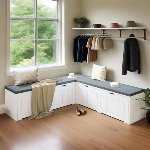 DalyLuxa L-Shaped Corner Storage Bench Compartments & Cushioned Seat, Kitchen Breakfast Nook Bench with Hidden Storage, Wood Flip-Top Shoe Benches for Entryway Cloakroom, White & Grey