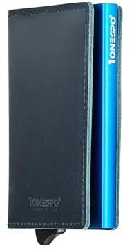 1ONESPO MAGNETIC SLIM Portafoglio uomo piccolo VERA PELLE- Porta Carte di Credito uomo - Portatessere con porta contanti - Protezione RFID 12 tessere, CUOIO CERATO Blu