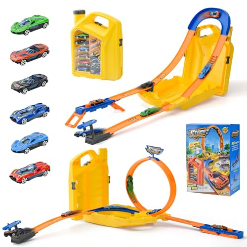 LTFIOON Pista Macchinine 2 in 1, Circuito per Bambini con 6 Auto, Piste Macchinine per Bambini, Anello e Binari a U, Set per Costruire Piste, Giocattolo Piste da Corsa per Ragazzi 3-8 Anni (Giallo)