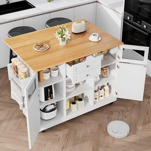 Oslghy Isla De Cocina con Ruedas, Carro de Cocina con Mesa, Mueble Auxiliar de Cocina con Encimera Extensible y Separadores Ajustables, Mueble Buffet con Cajones y Puertas, 140x40-70x93,5cm (Blanco)