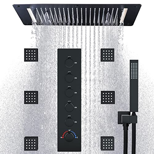 Matte Black Multi-Function Shower Head System with 3 Modes & Full Body Jets 14.96x27.56 Ceiling Rain Shower Faucet Set All Functions Operate Simultaneously