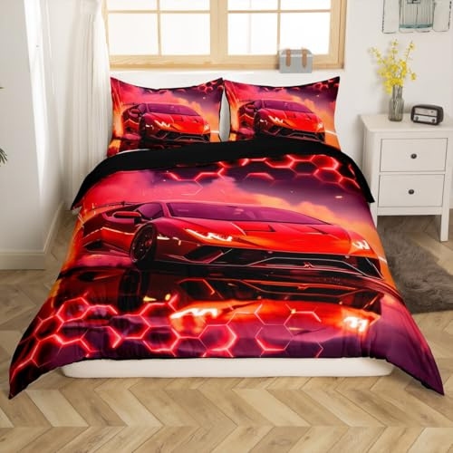 Loussiesd Voiture de Course Ensemble de Literie Enfants Sports Extrêmes Housse de Couette 200x200cm Rouge pour Garçons Filles néon Combe d'miel Hexagonal Parure de Lit Microfibre légère Douce