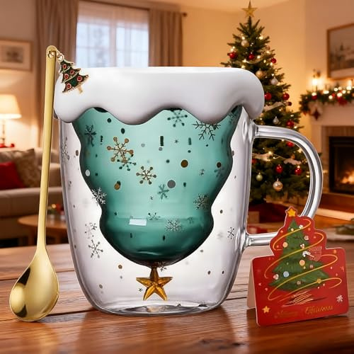 LYPPUL Weihnachtstasse, Weihnachten Becher mit Deckel Löffel und Grußkarte, Weihnachten Doppelwandige Glastassen, Weihnachtsbaum Kaffeetassen, Geeignet für Weihnachts- und Geburtstagsgeschenke（Grün）