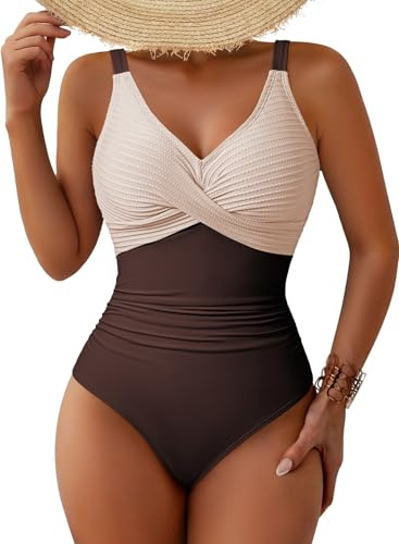 Pink Queen Women One Piece Tummy Control Slimming Swimsuits Dark Brown L | Vintage Bathing Suits Beach Vacation,Textured,Colorblock,Removable Padded,Adjustable Straps,Pool Party Swimming