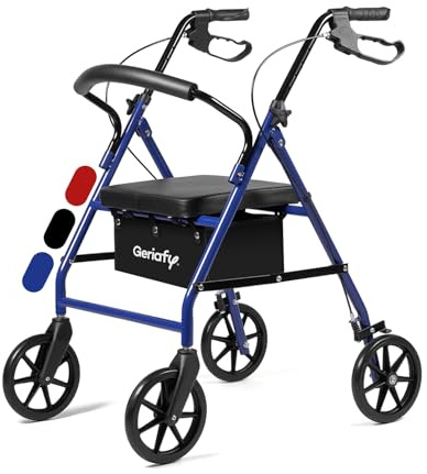 Geriafy - Rollator für Senioren & Erwachsene | Modell Lambda Max | Faltbar, XL-Räder (20 cm) und Rückenlehne | Gehhilfe mit Sitz, Bremshebelbremsen & Höhenverstellung (Blau)