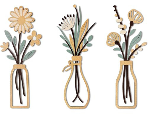 Vesavifaka Boho Wanddeko, Holzblumen Vasen Wanddekoration Set – Minimalistische Landhaus Blumen Wandkunst, Rustikale Wanddeko für Badezimmer Wohnzimmer Schlafzimmer Esszimmer, Einweihungsgeschenk
