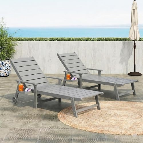BIXUYOU Outdoor-Liegestuhl mit Rollen, 2 m Lange Sonnenliege, 5-Fach verstellbare Rückenlehne (Flache Liegeposition), ausklappbares Seitentablett, wetterfest, für Pool, Terrasse und Strand