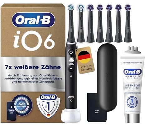 Oral-B Whitening Pack - iO6 Elektrische Zahnbürste, 7 Aufsteckbürsten inkl. 5x iO Strahlendes Weiss, Reise-Etui und Oral-B 3D White Clinical Intensive Whitening Zahnpasta, Kühle Minze 75ml