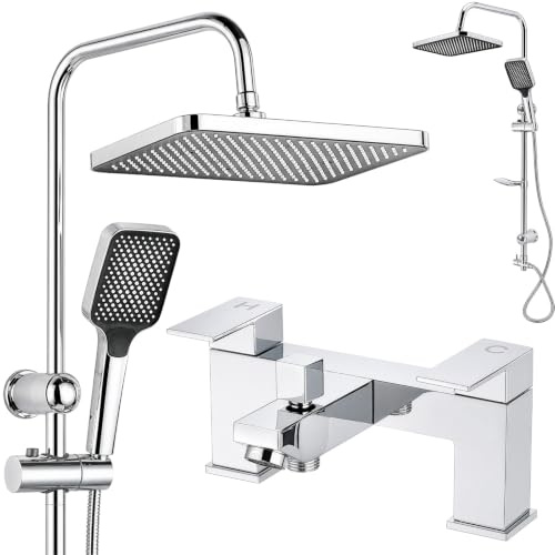 EVERGOODS Bath Shower Mixer Tap Twin Heads Square Rainfall Shower Set | Bathroom Shower System Solid Brass Construction with Rainfall Head Handheld Spray for Modern Bathroom Renovation Home