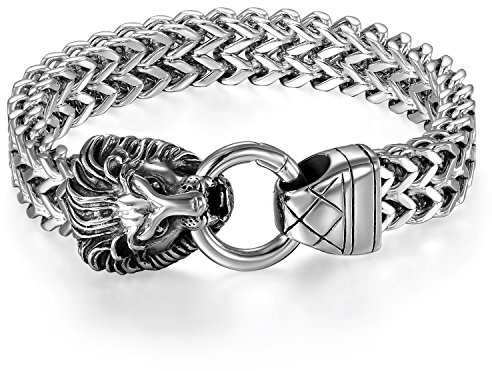 JewelryWe Schmuck Löwe Armband Herren Wikinger Gotik Löwen Kopf Panzerkette Königskette Armkette Edelstahl Biker Link Armreif Geschenk für Männer
