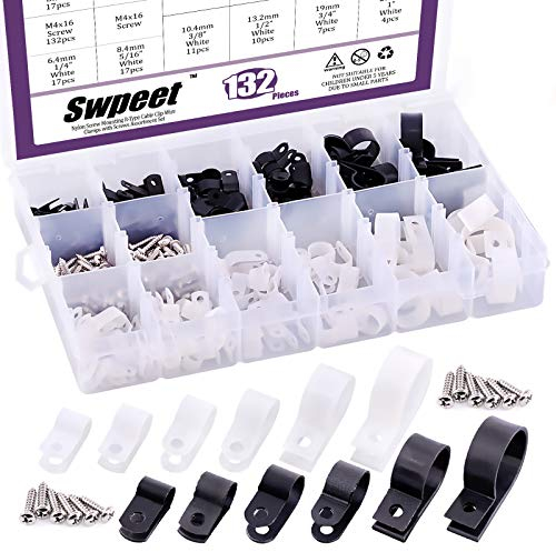 135 Pack 6 Sizes White+Black Nylon Plastic R-Type Cable Clips Clamp Assortment Kit, 3/16 1/4 3/8 1/2 3/4 1 Nylon Screw Mounting Cord Fastener Clips with 135Pcs Screws for Wire Management