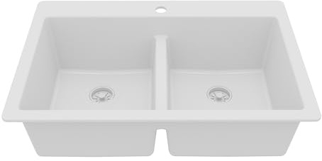 Karran 33 Inch White Quartz Composite Double Bowl Kitchen Sink, Top Mount Drop-In 50/50 Low Divider, Heat & Impact Resistant Granite Quartz Sink with Sound Dampening, QT-810
