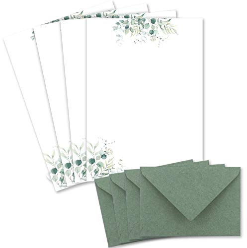 Glüxx Agent - 75 Briefbogen-Sets DIN A4 - Naturpapier in Creme mit Eukalyptus-Zweigen - mit Briefumschlägen DIN C6 in Eukalyptus-Grün - Briefpapier bedruckbar ideal für Hochzeitseinladungen